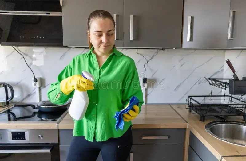 Cliente feliz limpiando cocina con Green Fiber