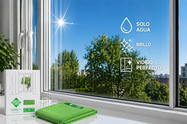 Vidrio perfecto con brillo limpiado solo con agua junto a Green Fiber P1